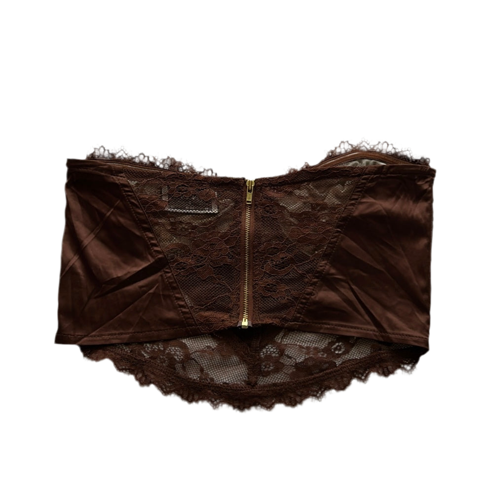 Brown lace trim strapless back zip top