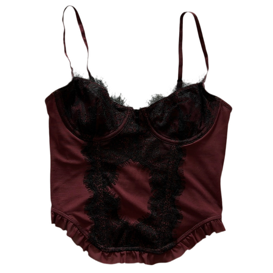 Burgundy Lace Trim Corset Top (Adjustable Strap)