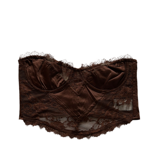 Brown lace trim strapless back zip top
