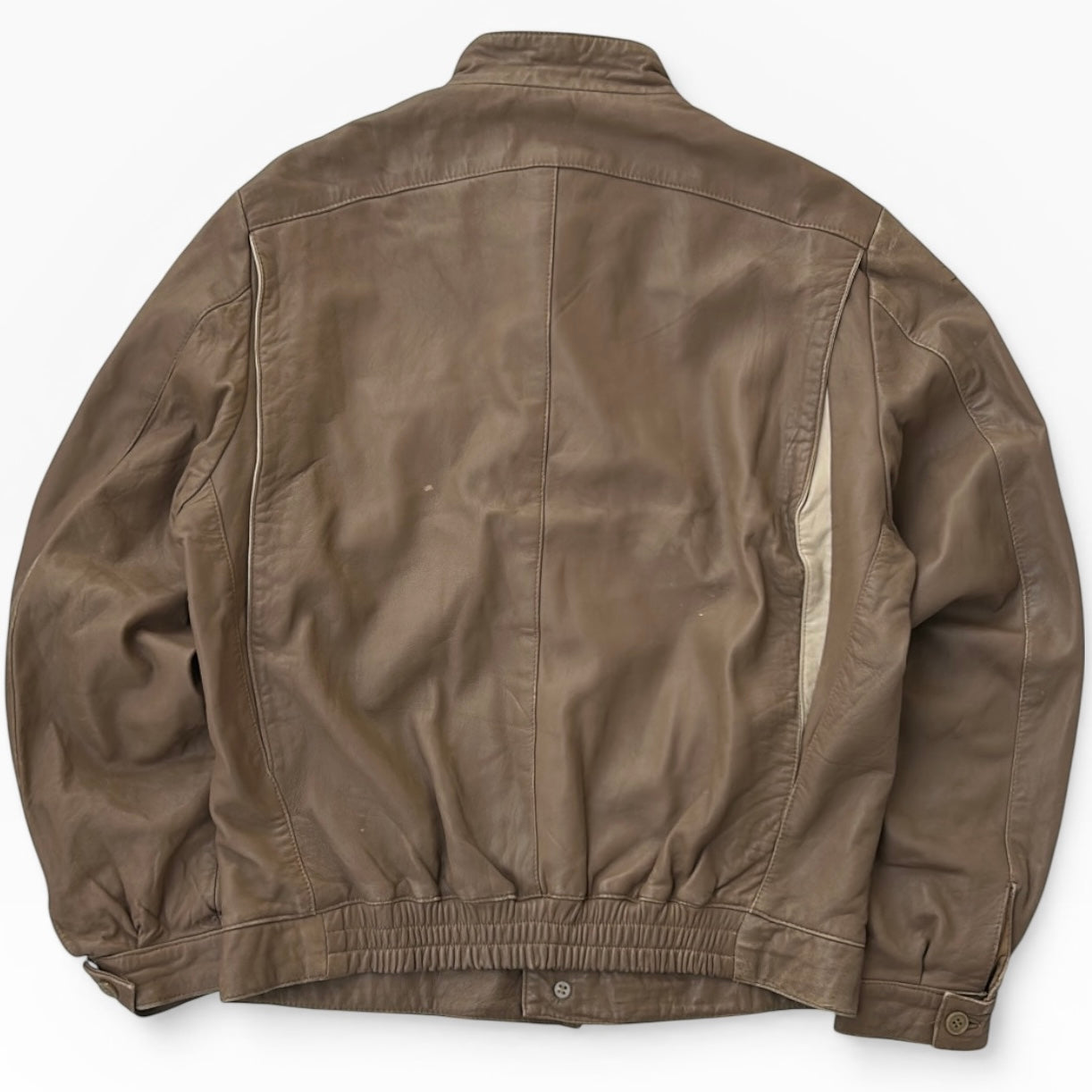 Brown leather with beige details full zip bomber jacket