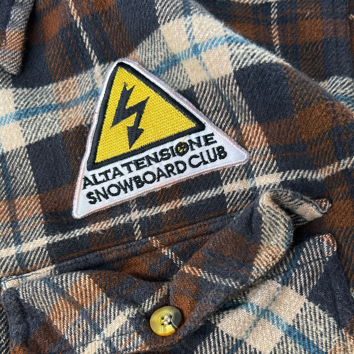 Vintage TAKE OFF Flannel Shirt Jacket – Brown Plaid with Snowboard Patch
