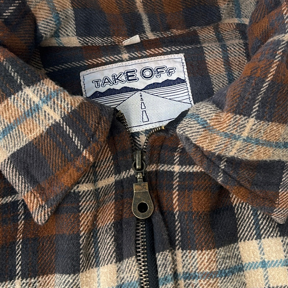 Vintage TAKE OFF Flannel Shirt Jacket – Brown Plaid with Snowboard Patch