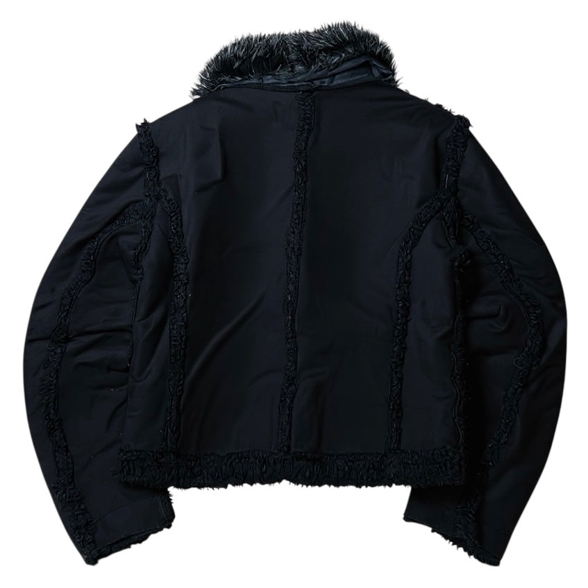 Black Sherpa Style Cropped Jacket With Black Fuzz on Inside and Fur Around Neck Line