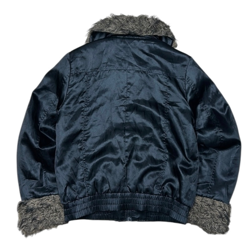 Satin style Black Bomber style Jacket With Fuzz On sleeves And Neck