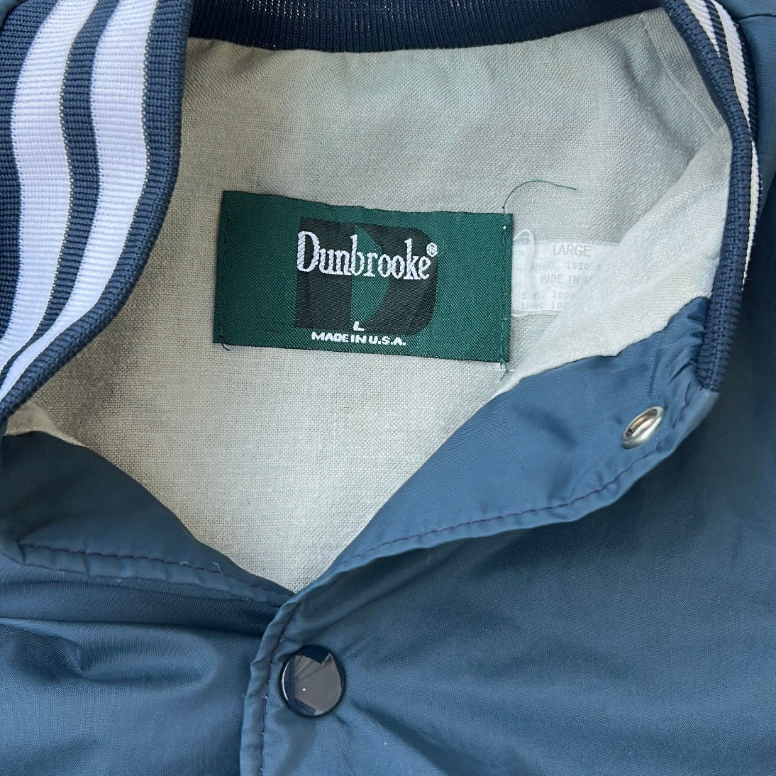 Vintage Dumbrooke Varsity Bomber Jacket navy blue, snap button, striped cuffs & collar