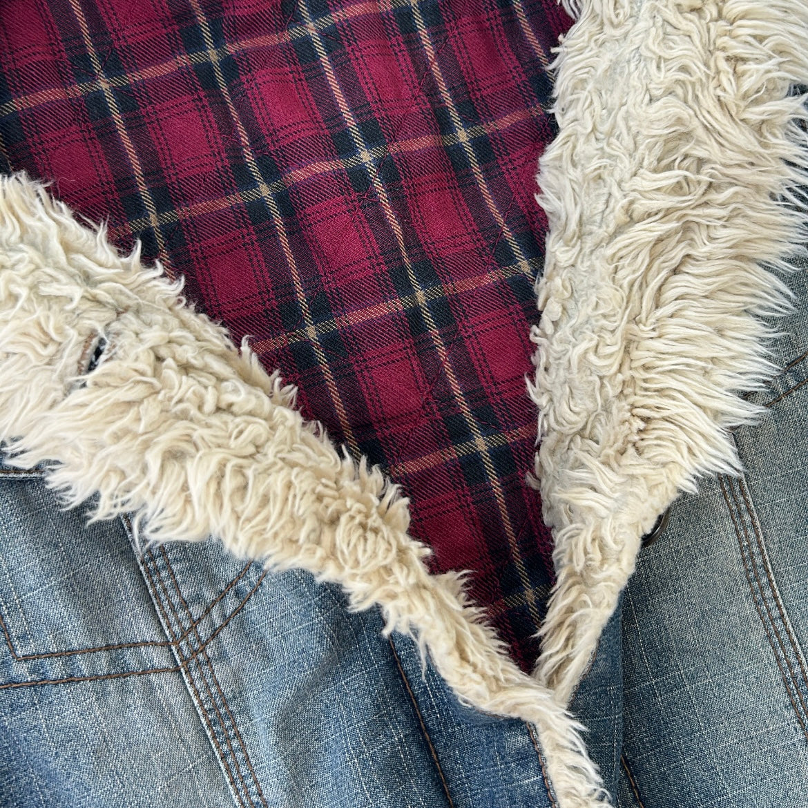 Rare Denim Vest With Checkered & Fuzzy Inside