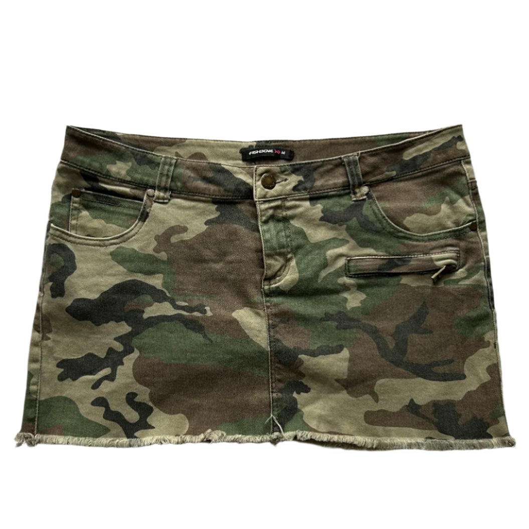 Camo Fishbone elastic denim mini skirt