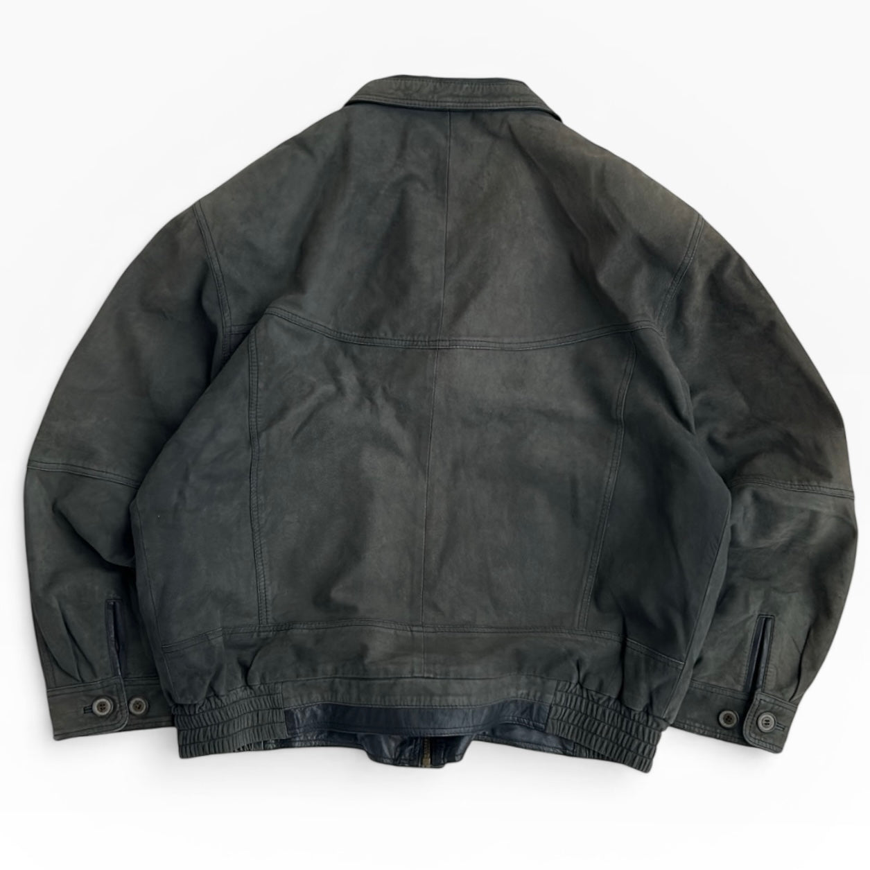 Suede Leather Grey - Greenish Full Zip Bomber Jacket with patterned inside lining