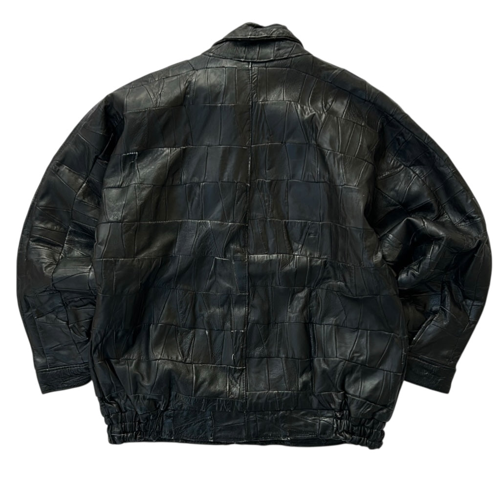 Vintage Black Patchwork Leather Bomber Jacket With Colourful Lining Fabric
