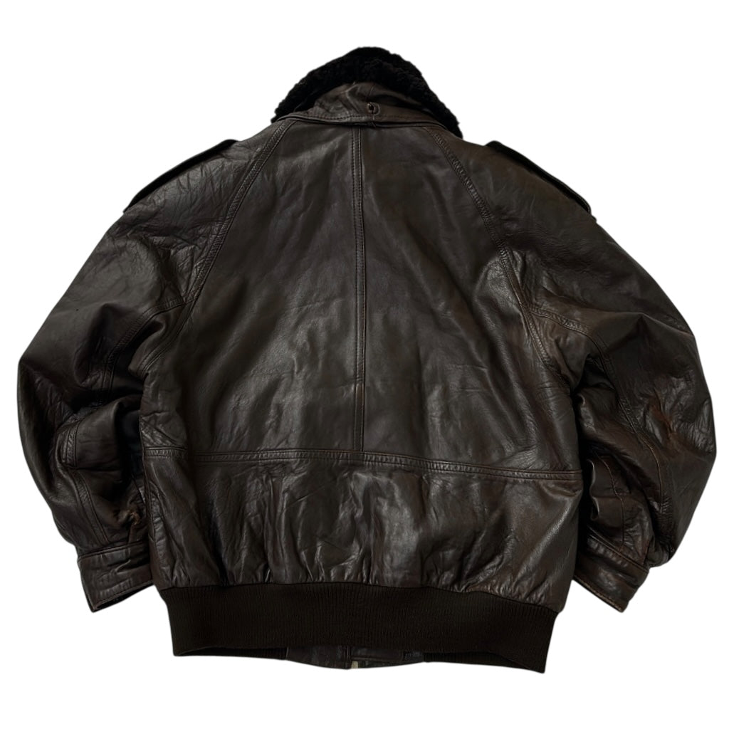Chocolate Brown Leather Bomber Jacket With Brown Fuzzy Neck Lining (removable)