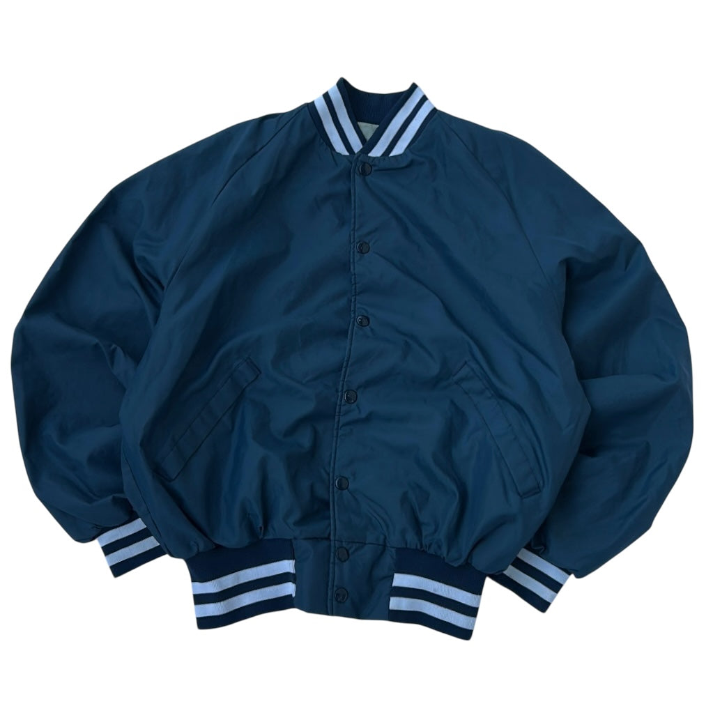 Vintage Dumbrooke Varsity Bomber Jacket navy blue, snap button, striped cuffs & collar