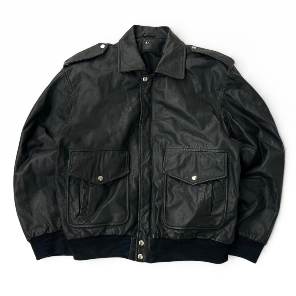Black leather bomber jacket