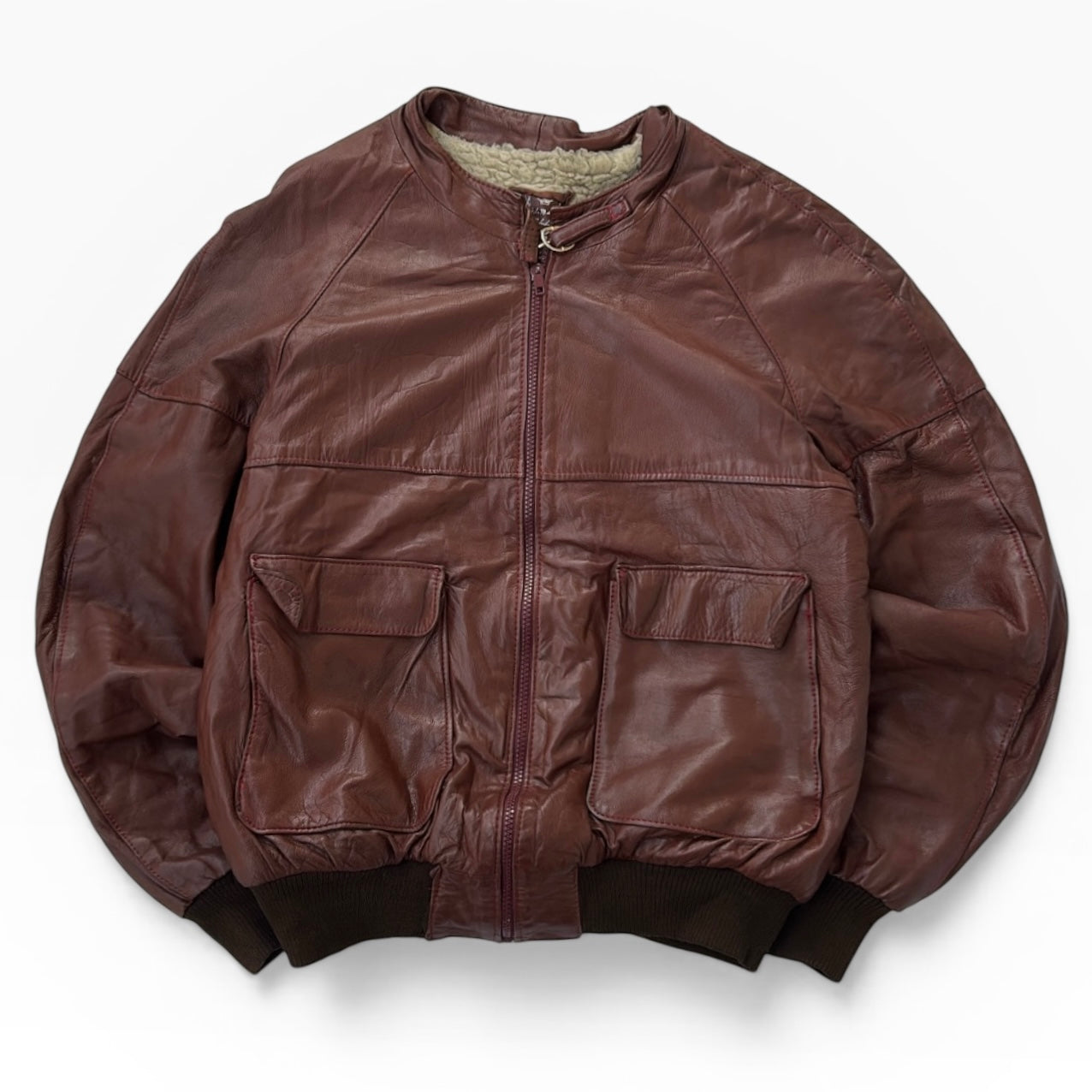 Made in Italy Burgundy x Brown Full Zip Fuzzy inside Bomber leather jacket
