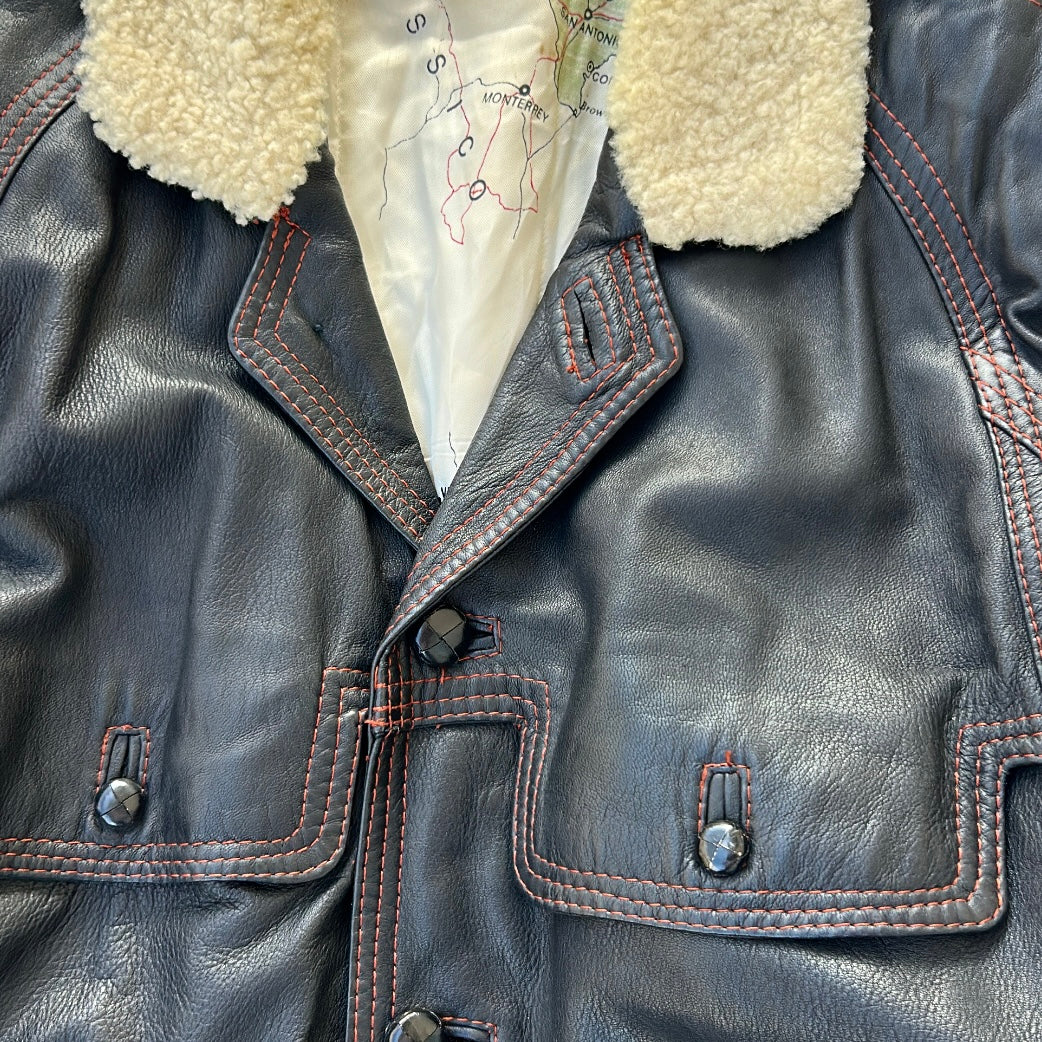 Vintage Black Leather Jacket With Red Lining and Globe Pattern Inside Lining Fabric