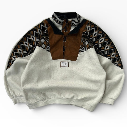 Vintage Sun City Boho style taba x beige patterned fleece