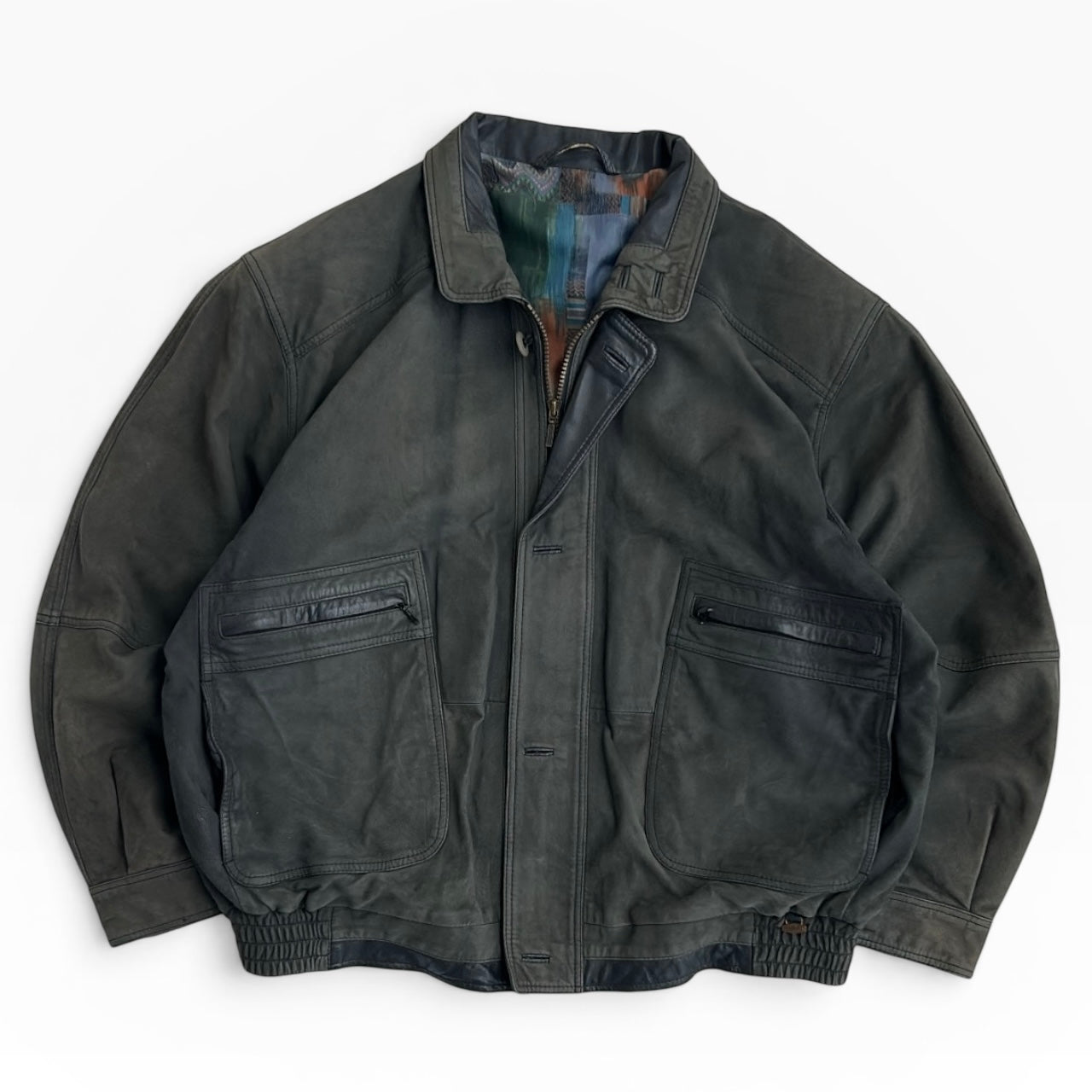 Suede Leather Grey - Greenish Full Zip Bomber Jacket with patterned inside lining