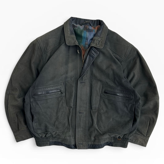 Suede Leather Grey - Greenish Full Zip Bomber Jacket with patterned inside lining