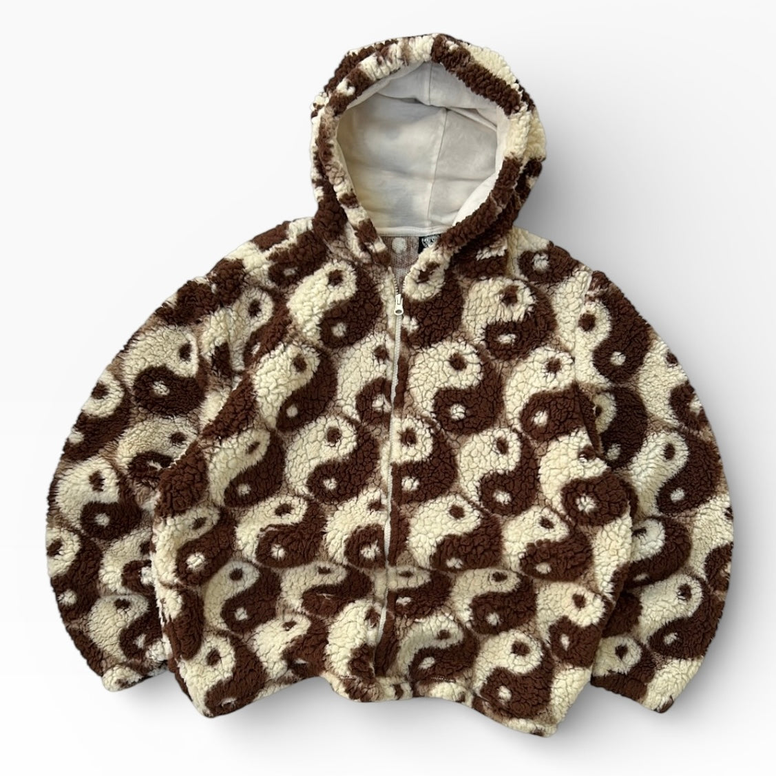 Vintage Fuzzy Yin and Yang Chocolate brown x Beige Hooded Fleece Jacket