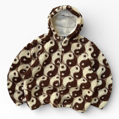 Vintage Fuzzy Yin and Yang Chocolate brown x Beige Hooded Fleece Jacket