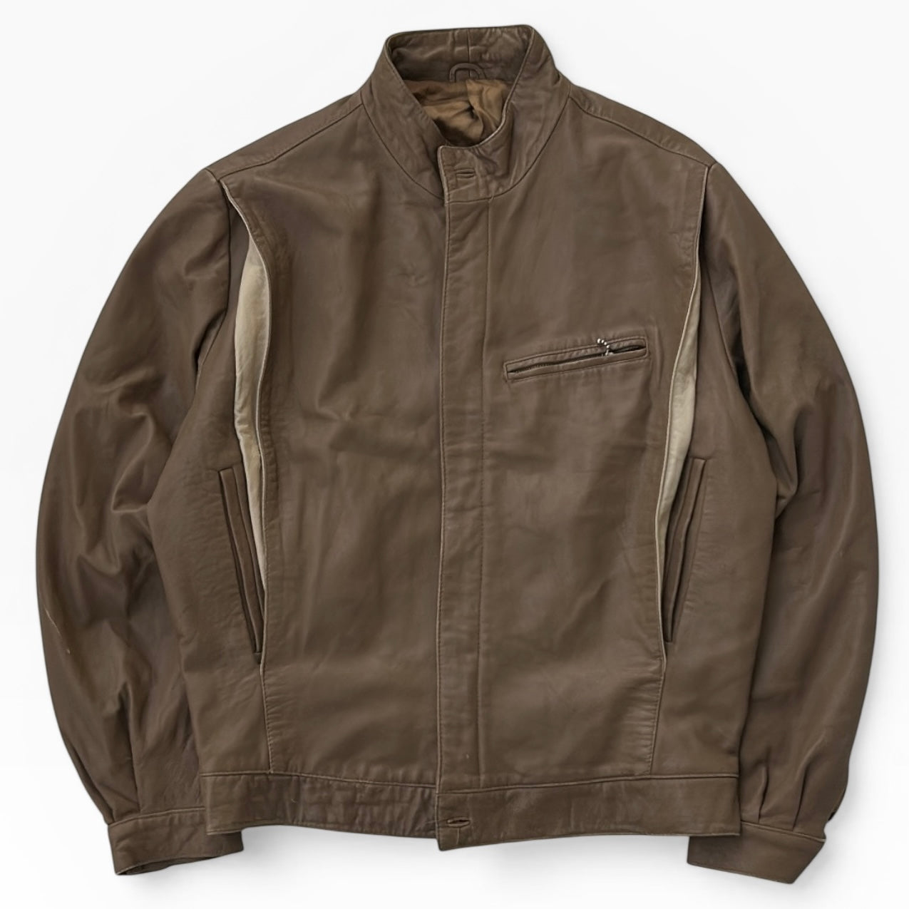 Brown leather with beige details full zip bomber jacket
