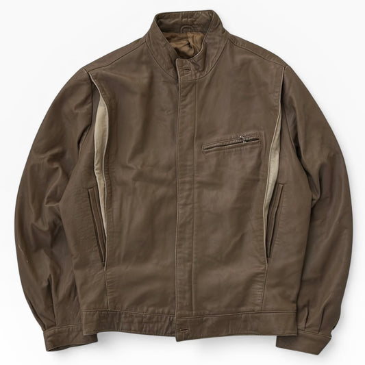 Brown leather with beige details full zip bomber jacket