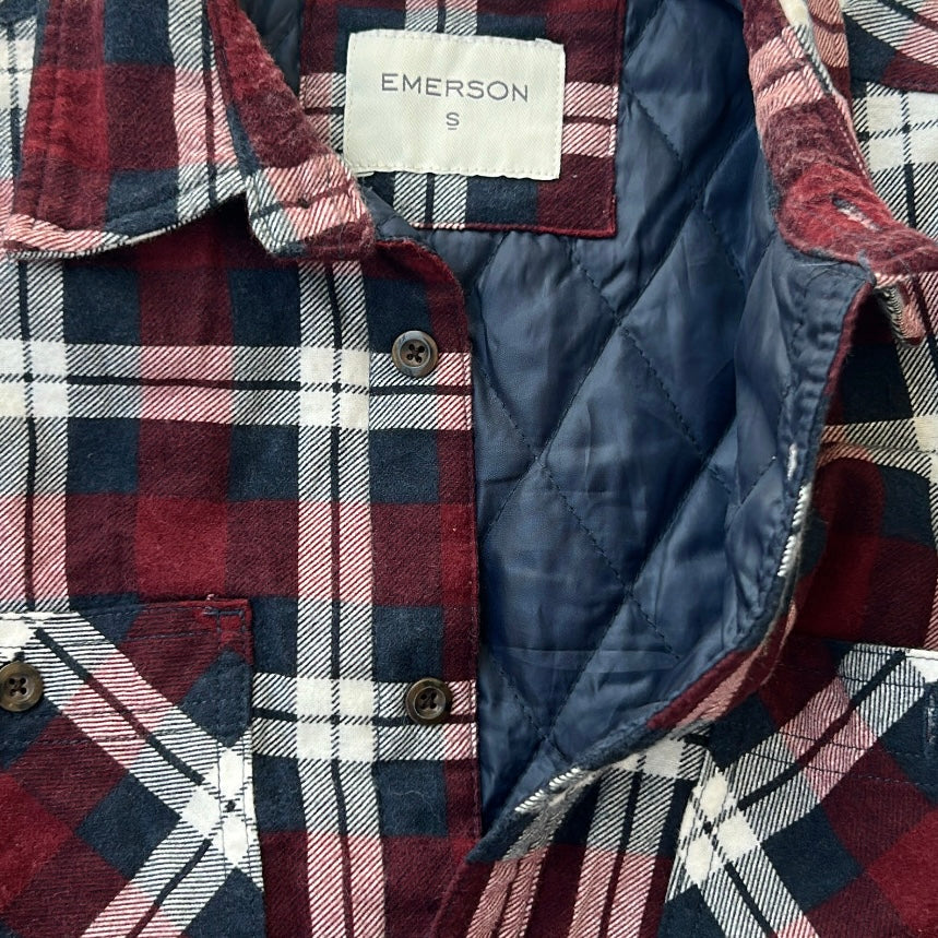Emerson Red x Navy Fleece Checkers Full Button Up Flannel Overshirt with quilted lining