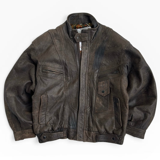 Real Leather Brown Vintage Full Zip Bomber Jacket