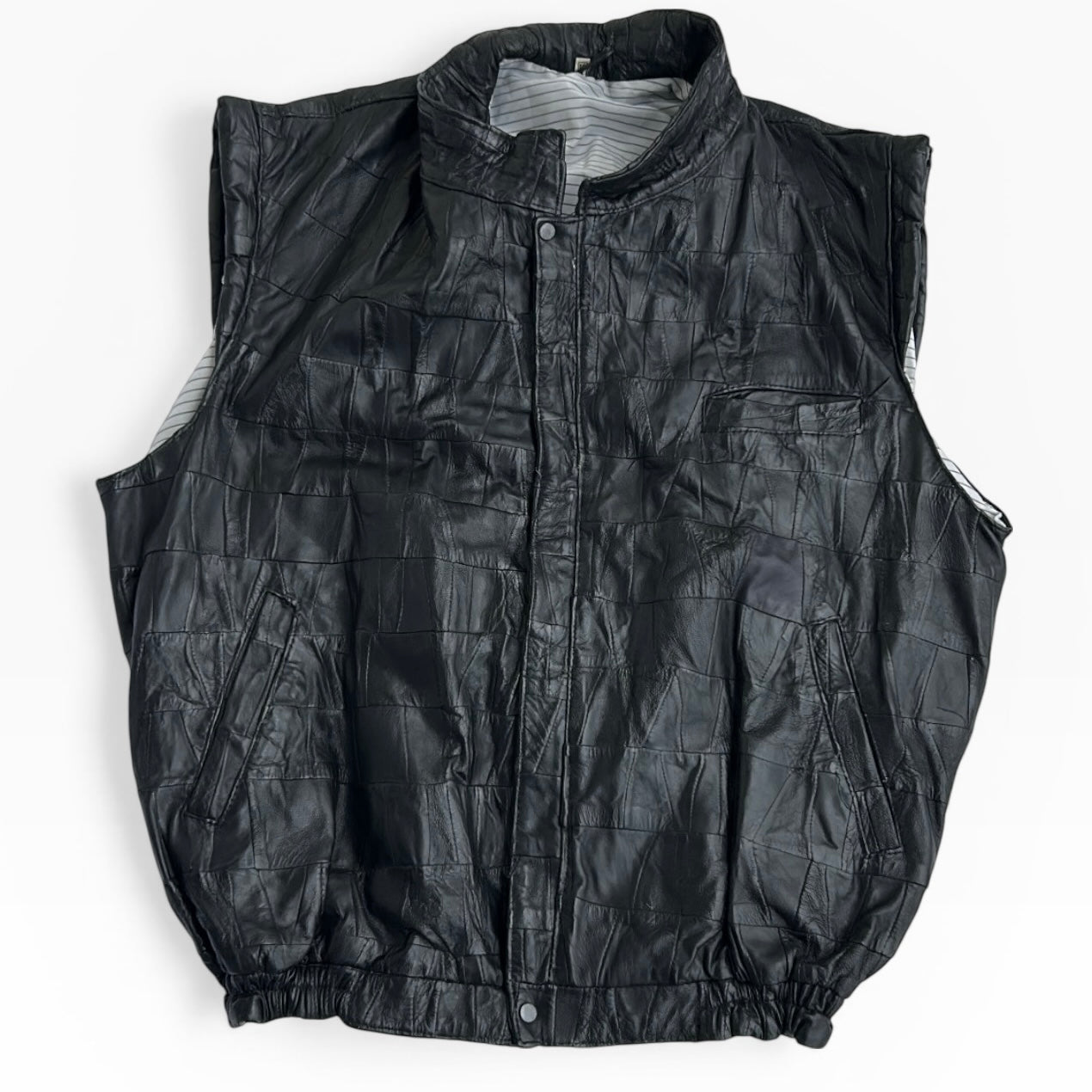 Patchwork Blacl Leather Bomber Vest Jacket