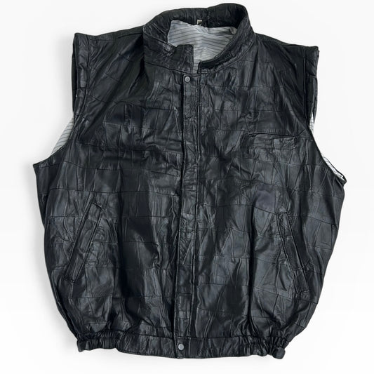 Patchwork Blacl Leather Bomber Vest Jacket