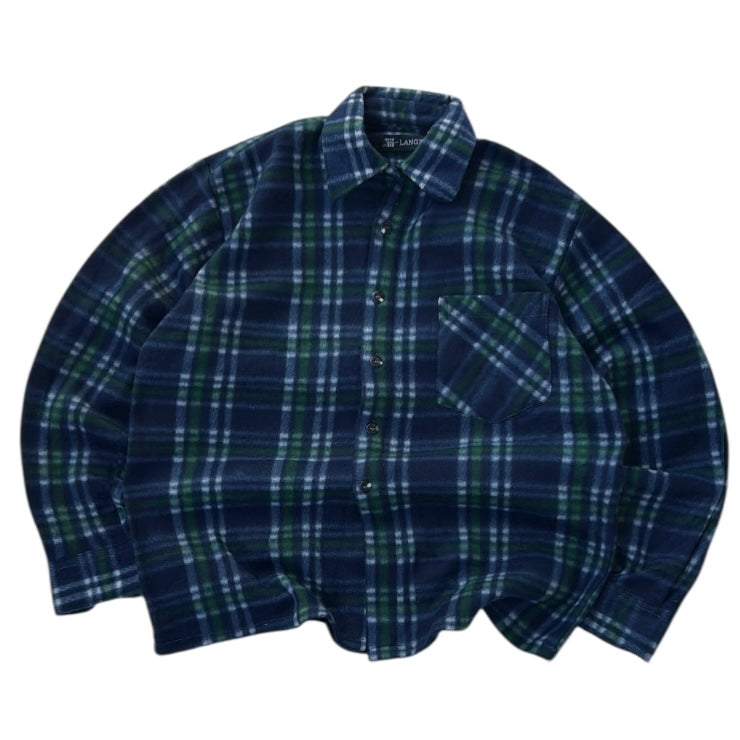 Langzi Navy x Green Fleece Checkers Full Button Up Flannel Overshirt
