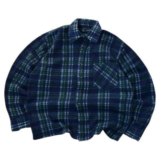Langzi Navy x Green Fleece Checkers Full Button Up Flannel Overshirt