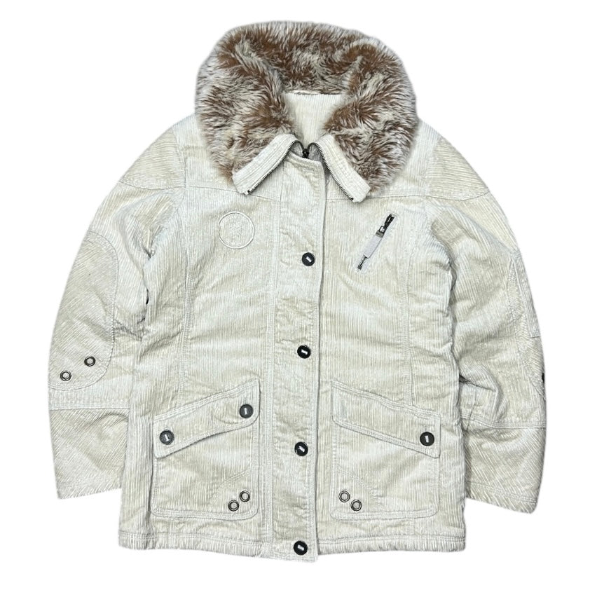 Corduroy Beige Woman Winter Jacket With Fuzz On Neck Line
