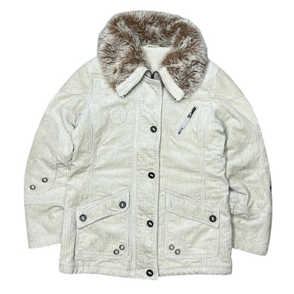 Corduroy Beige Woman Winter Jacket With Fuzz On Neck Line