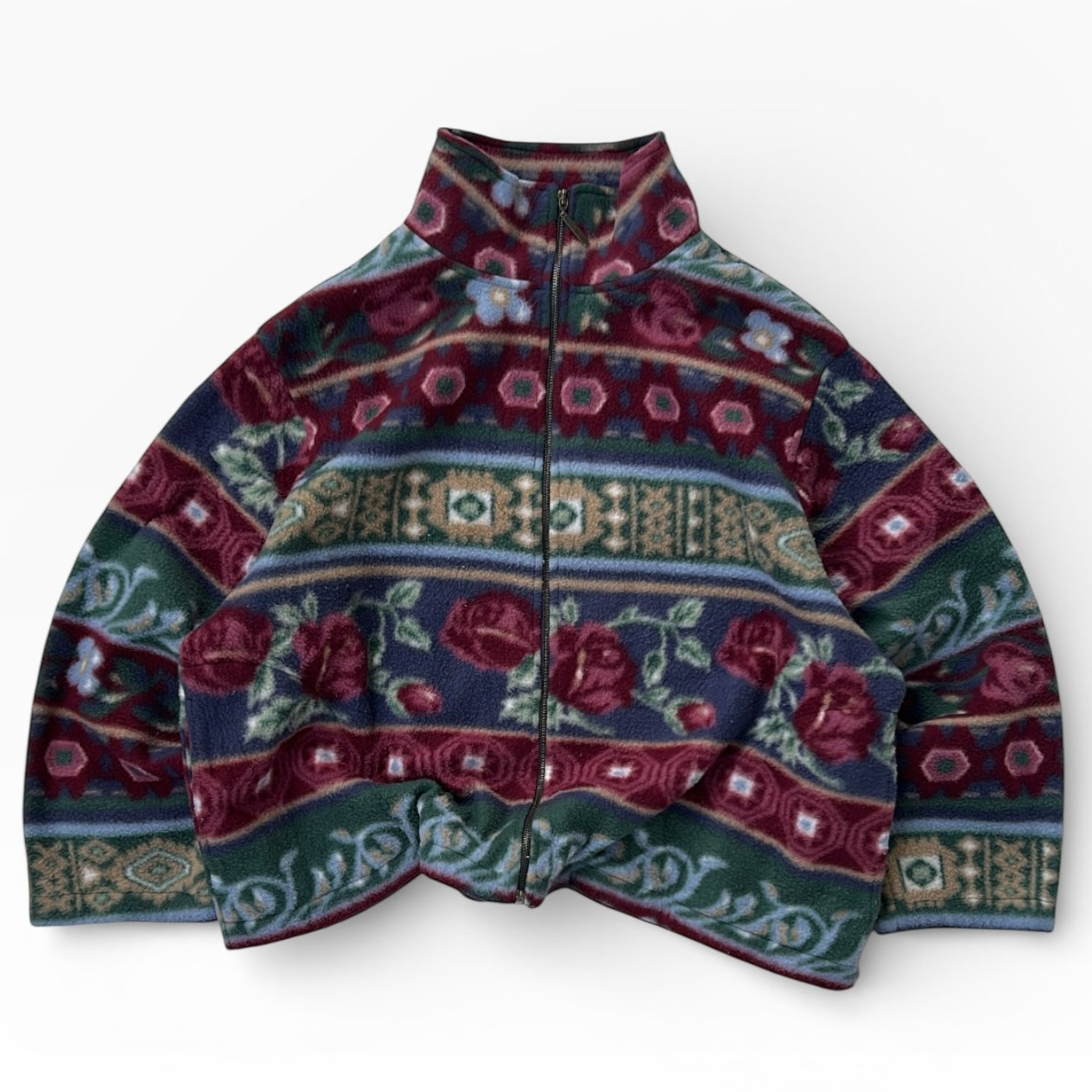 Vintage Floral Patterned Full Zip Fleece Jacket