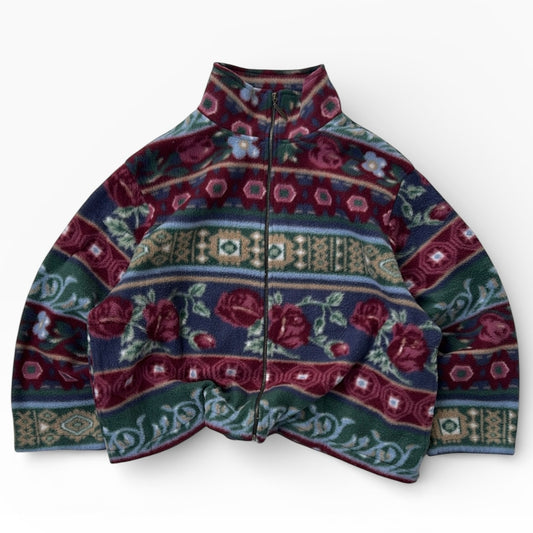 Vintage Floral Patterned Full Zip Fleece Jacket