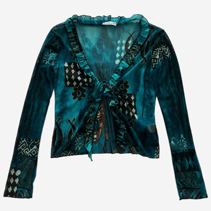 Y2k Lettuce-Trim Mesh Front-Tie Top