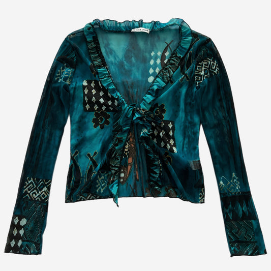 Y2k Lettuce-Trim Mesh Front-Tie Top