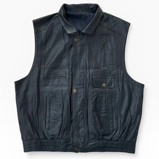Dark Blue Leather Vest Full Zip Jacket
