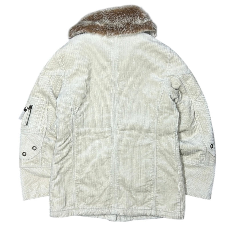 Corduroy Beige Woman Winter Jacket With Fuzz On Neck Line