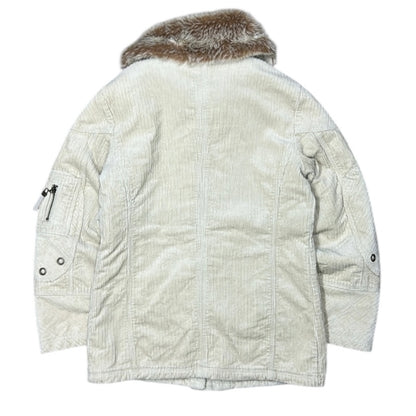 Corduroy Beige Woman Winter Jacket With Fuzz On Neck Line