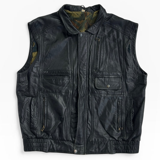 Retro Black Leather Vest Full Zip Jacket With patterned inside lining