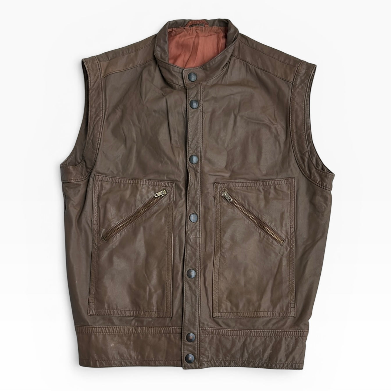 Brown Leather Vest Full Zip Jacket