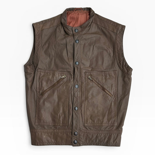 Brown Leather Vest Full Zip Jacket
