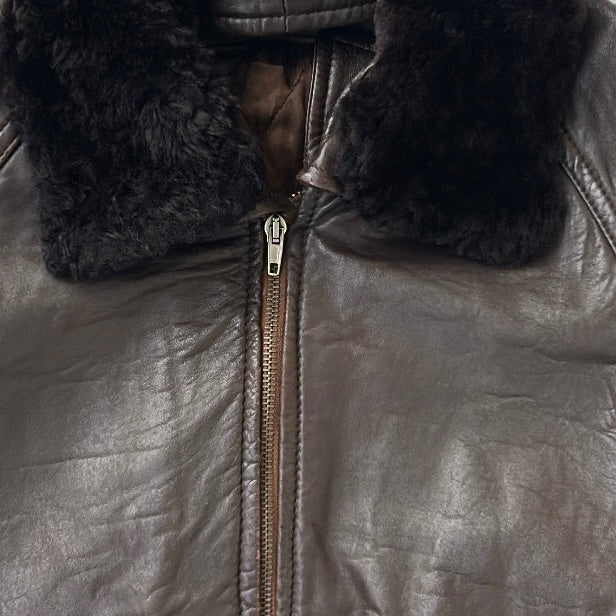 Chocolate Brown Leather Bomber Jacket With Brown Fuzzy Neck Lining (removable)