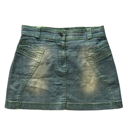 Green linning denim mini skirt