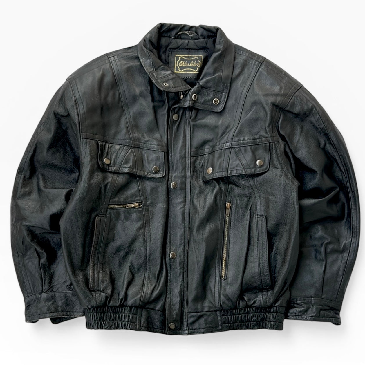 Black Leather Bomber Full Zip Jacket