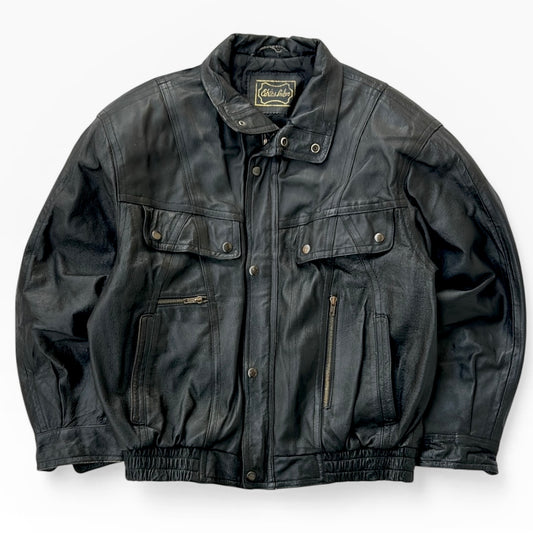 Black Leather Bomber Full Zip Jacket