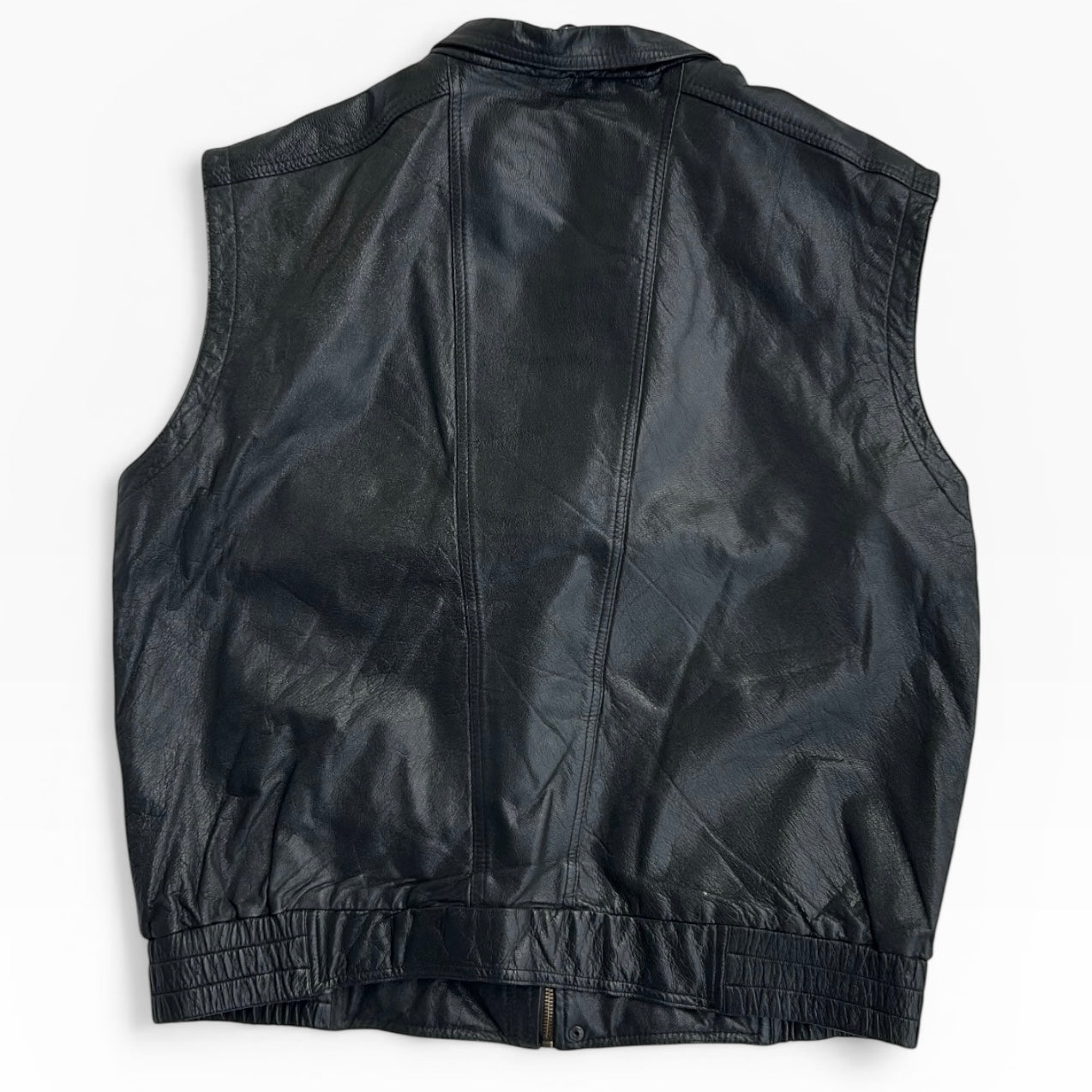 Retro Black Leather Vest Full Zip Jacket With patterned inside lining