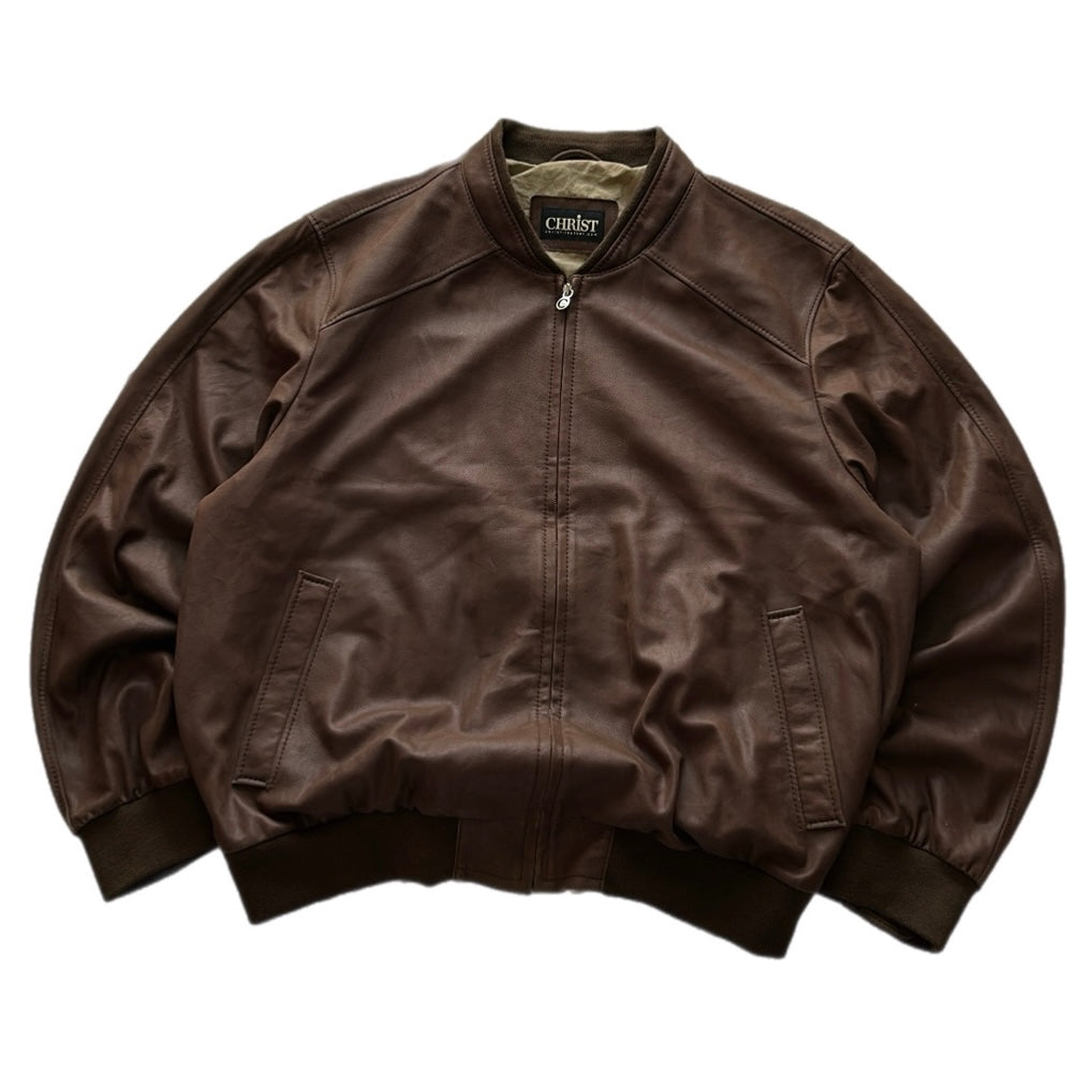 Brown Leather Bomber Jacket