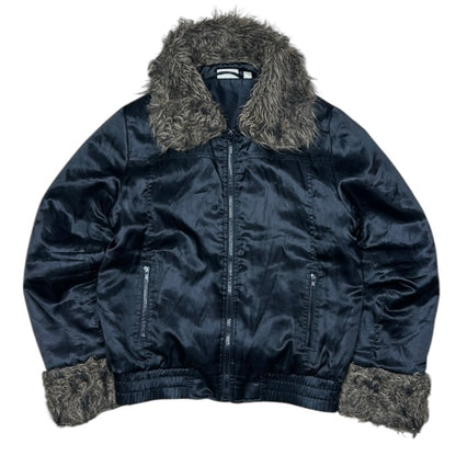 Satin style Black Bomber style Jacket With Fuzz On sleeves And Neck